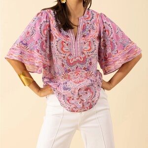 Hale Bob New Pink Paisley Flutter Sleeve Blouse Large
